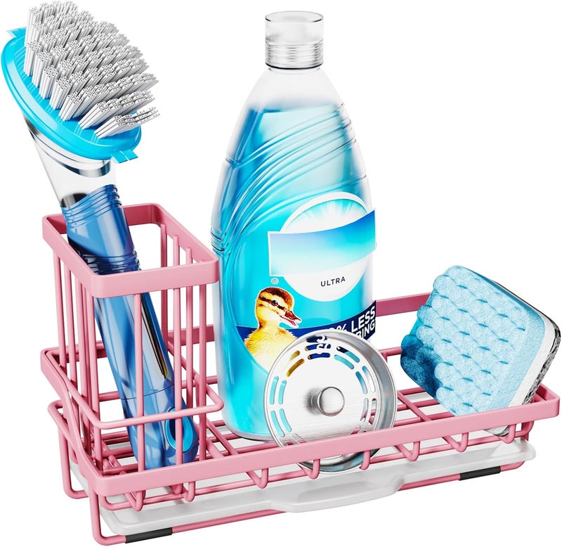 Consumest Sponge Holder for Kitchen Sink - Kitchen Sink Caddy Organizer with Removable Drip Tray for Countertop Dish Soap Dispenser Brush Storage Accessories 304 Stainless Steel, Pink - Image 1